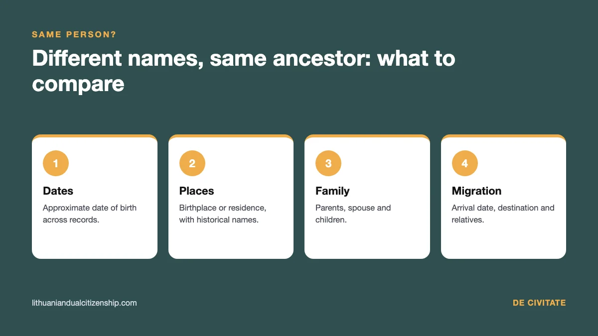 Different names, same Lithuanian ancestor: four identifiers to compare